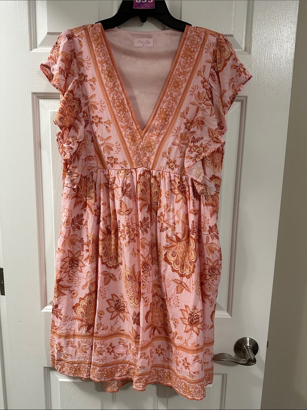 V-Neck Pink Floral Midi Dress with Ruffle Sleeves